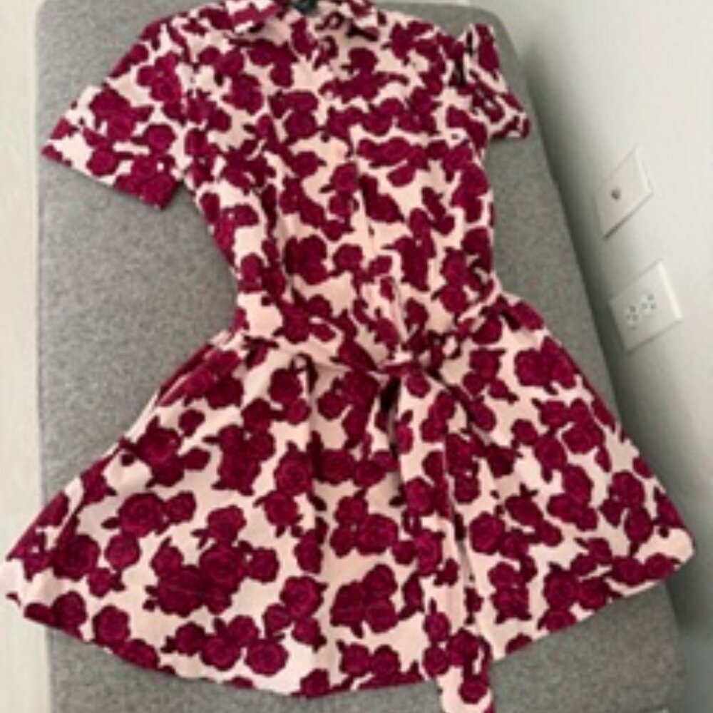 Kate Spade Light Crepe Pink Rosy Florets Floral Belted Shirt Dress
